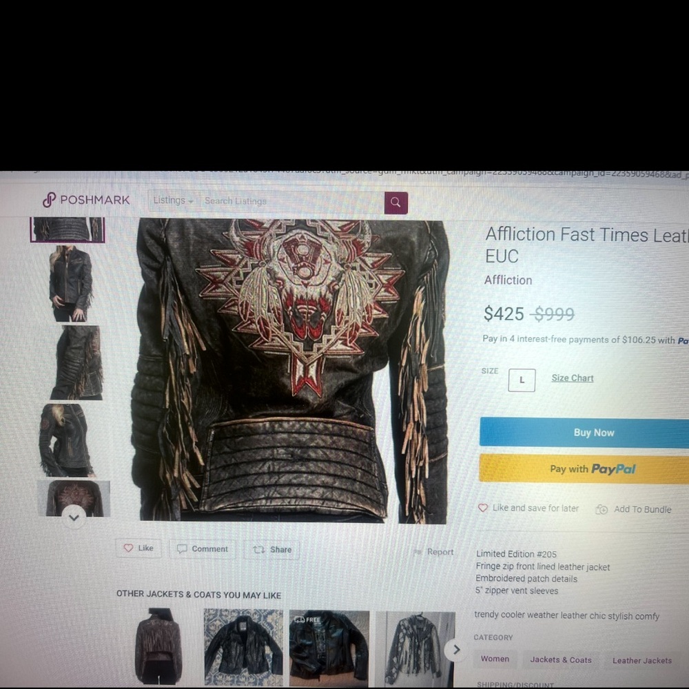 Affliction Black Leather Jacket with Red and White Embroidery